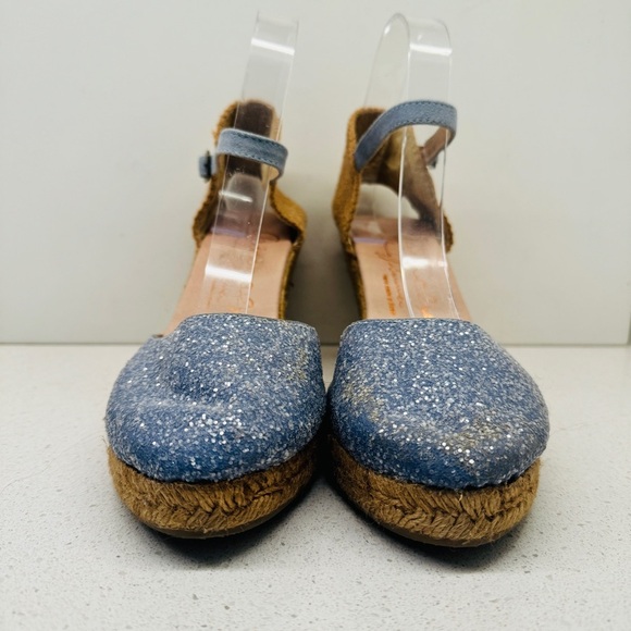 Gaimo Espadrille Wedge Leather Blue Sparkle Ankle Strap Heel Sandals Spain Sz 40 - Picture 9 of 15